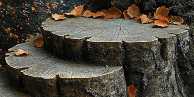 Fallen Leaves on a Rustic Tree Stump photo