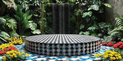 Circular Platform with Checkerboard Pattern in a Lush Tropical Garden with a Waterfall photo