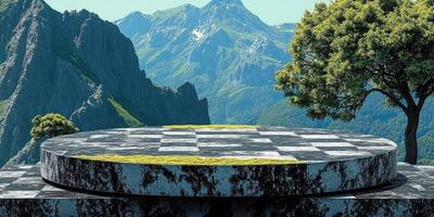 Stone Platform with Checkered Pattern Overlooking Mountainous Landscape photo
