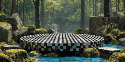 Checkerboard Platform in a Foggy Forest photo
