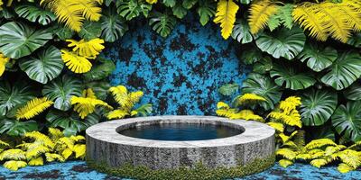Circular Stone Pool Surrounded by Lush Tropical Foliage photo