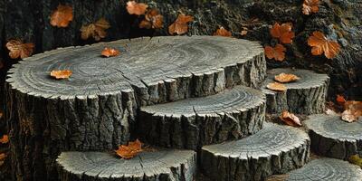 Stacked Tree Trunk Slices with Fallen Leaves photo