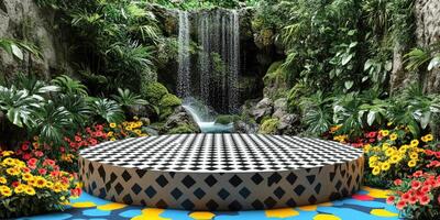 Checkered Platform In Front of Lush Waterfall and Flowers photo