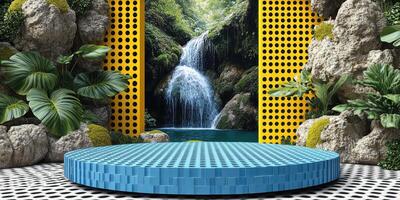 Blue Circular Platform with Waterfall Background photo