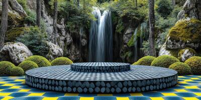 Stone Pedestal with Waterfall and Lush Greenery photo