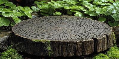 Weathered Tree Trunk Cross-Section with Green Foliage photo