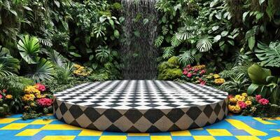 Checkered Platform in a Lush Tropical Garden with a Waterfall photo