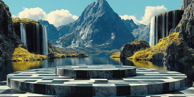 A Stone Platform Surrounded by Mountainous Landscape and Waterfalls photo