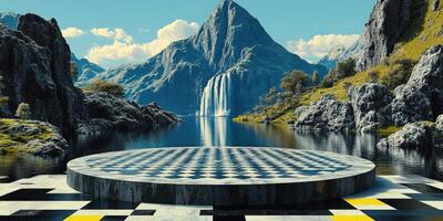 Checkered Platform by a Mountain Waterfall photo