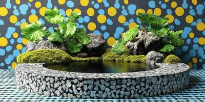 Circular Stone Pond with Green Plants and a Colorful Polka Dot Background photo