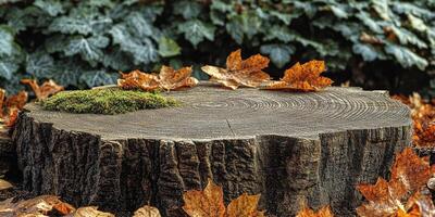 A Tree Stump in Autumn with Fallen Leaves and Moss photo