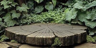 Weathered Tree Trunk Cross Section with Surrounding Greenery photo