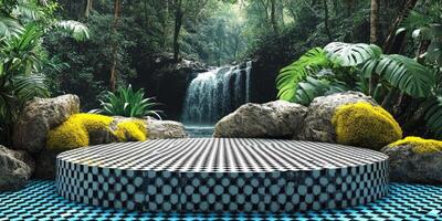 Checkered Platform in a Tropical Jungle Setting with a Waterfall photo