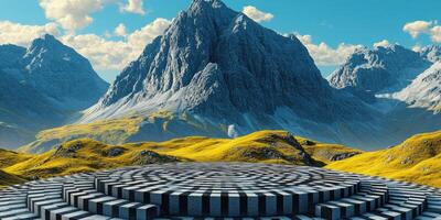 Checkered Platform Amidst Majestic Mountain Peaks photo