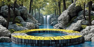 Circular Stone Platform in a Forest with Waterfall and Stream photo