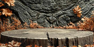 A weathered tree stump with fallen autumn leaves photo