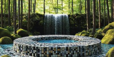 A tiled pool with a waterfall in a lush green forest. photo