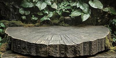 Tree Trunk Cross Section with Moss and Lush Foliage photo