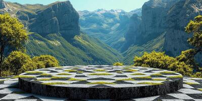 Stone Platform with Geometric Pattern Amidst Mountainous Landscape photo