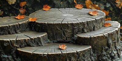 Stacked Tree Trunks with Autumn Leaves photo