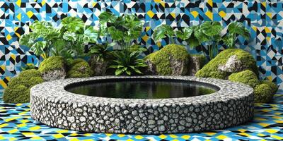 Stone Pond with Tropical Plants and Geometric Patterned Floor photo