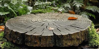 A weathered tree stump with autumn leaves and moss photo