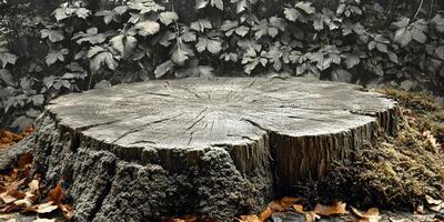 A Weathered Tree Stump with Fallen Leaves and a Background of Greenery photo