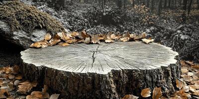 A weathered tree stump with autumn leaves scattered around it photo