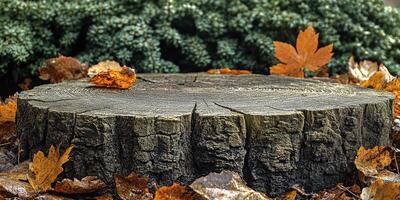Tree Stump with Autumn Leaves and a Blurred Green Background photo