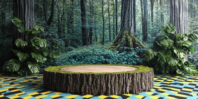 A Tree Stump Display Platform in a Forest Setting photo