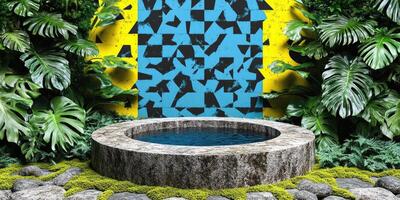 Stone Basin Surrounded by Lush Tropical Foliage and Abstract Wall photo