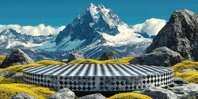 Checkered Platform Surrounded by Yellow Flowers and Rocky Mountains photo