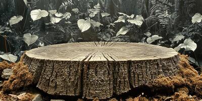 A weathered tree stump with a backdrop of silvered leaves photo