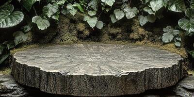 A weathered, circular, stone platform in a lush, green forest setting photo