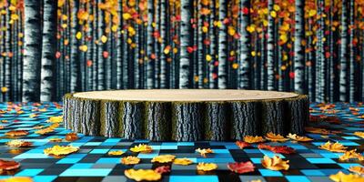 Wooden Stump Display Platform in Autumn Forest Setting photo