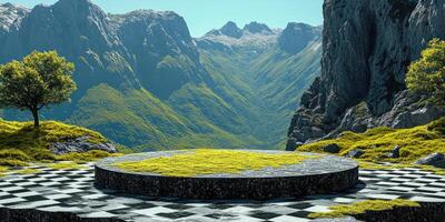 Stone Platform with Grass in a Mountain Valley photo