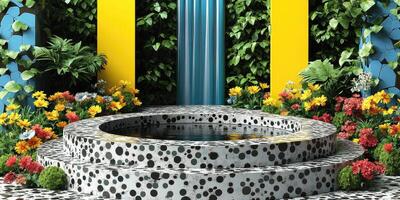 Circular Pool with Colorful Floral Decor and Geometric Walls photo
