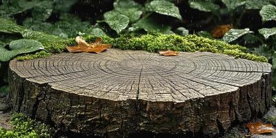 Tree Stump With Rain and Fallen Leaves in Forest photo