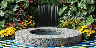 Circular Concrete Pool with Waterfall in a Tropical Garden photo