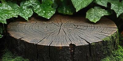 Tree Stump with Green Leaves and Moss photo