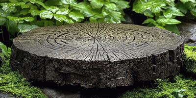 Close-up of a weathered tree trunk with rings and moss photo