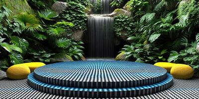 Blue and Black Checkerboard Platform in a Lush Tropical Garden with a Waterfall photo