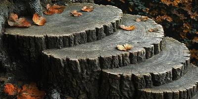 Tree Stump Steps with Autumn Leaves photo