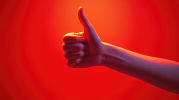 A Hand Giving a Thumbs Up Gesture Against a Red Background photo