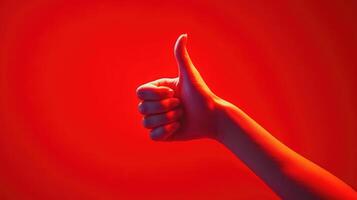 A Hand Gesturing Thumbs Up Against a Red Background photo