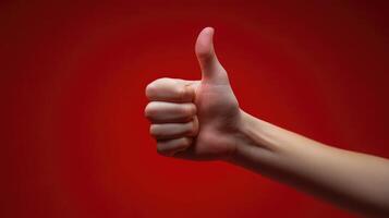 Close-up of a Hand Giving a Thumbs Up Gesture Against a Red Background photo