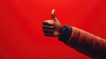 A Person's Arm With Thumbs Up Against a Red Background photo