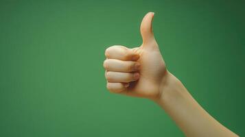 Close-up of a hand giving a thumbs up gesture against a green background photo
