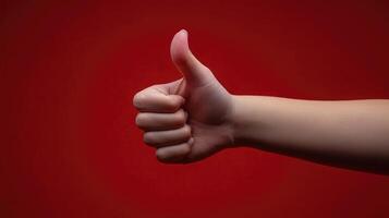 A Hand Giving a Thumbs Up Gesture Against a Red Background photo