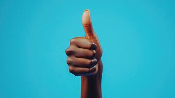A Person's Hand Giving a Thumbs Up Gesture Against a Blue Background photo